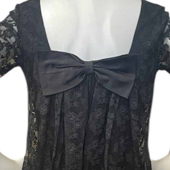 Vintage 60s Black Lacy Babydoll Dress Long Lace Sleeve Bow Metal Zipper Size S - Picture 6 of 6
